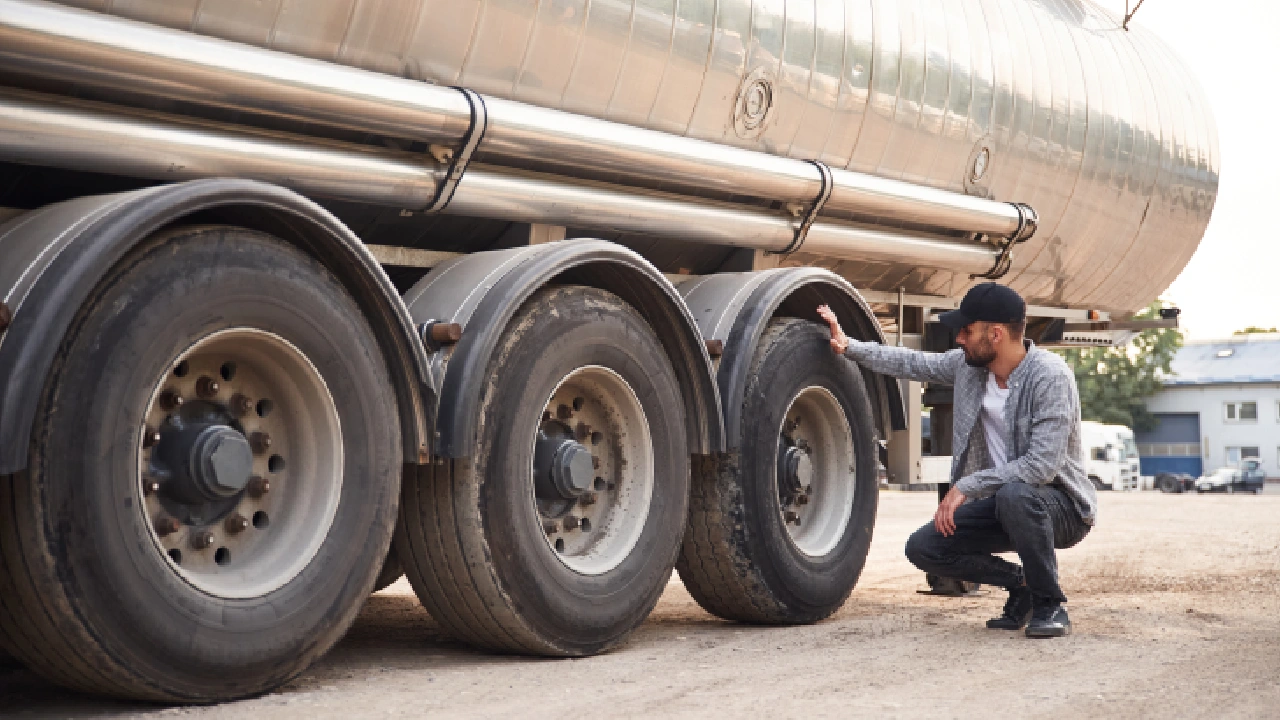 A lender inspects the exterior of a truck, examining its condition closely.